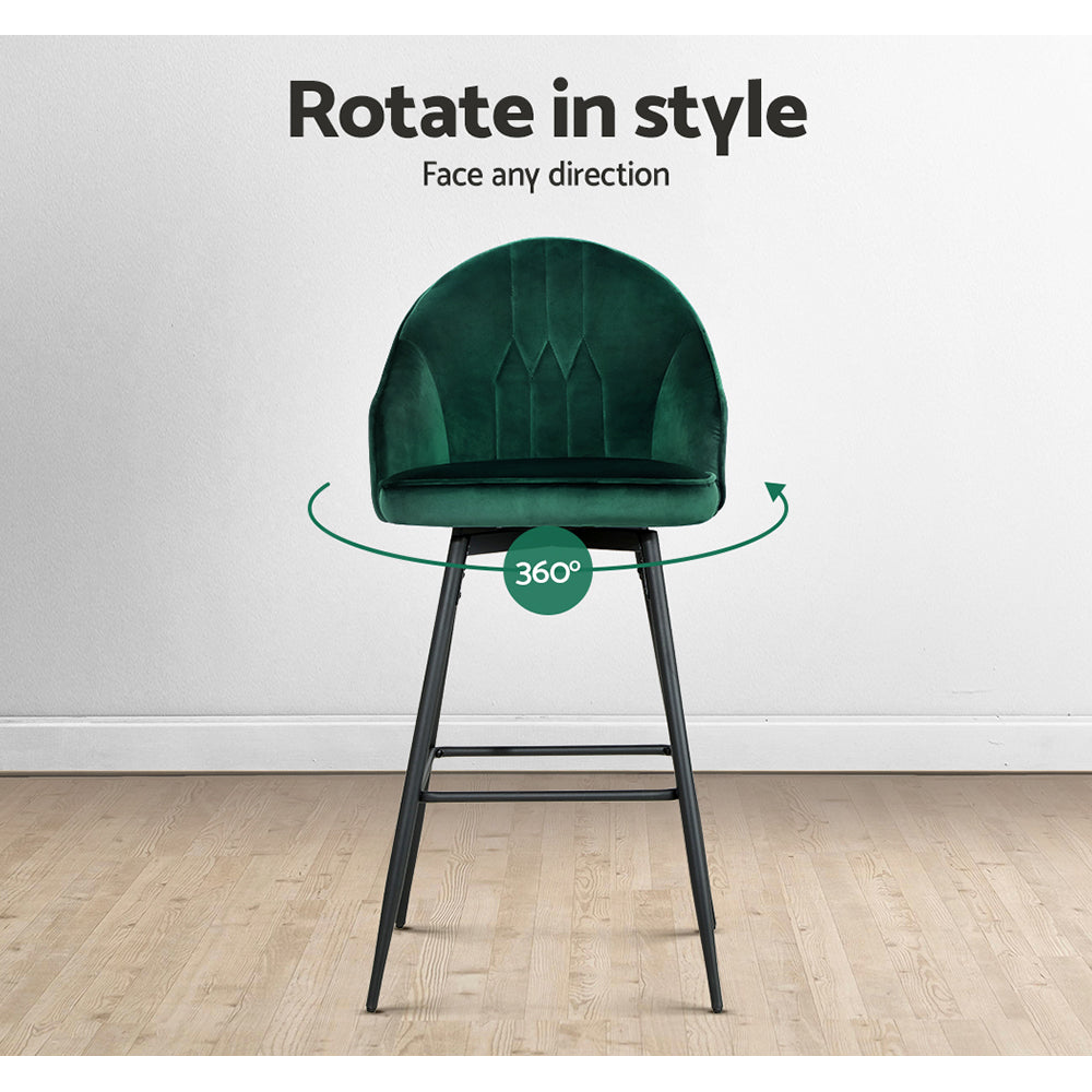 2X Bar Stools Velvet Swivel Metal Legs Green