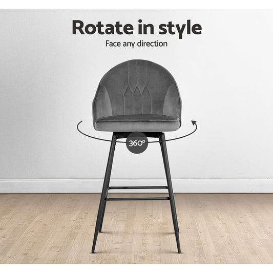 Set of 2 Bar Stools Kitchen Stool Dining Chairs Velvet Chair Barstool Grey Mesial