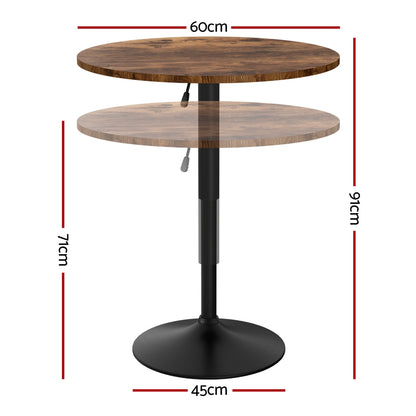 60cm Rustic Brown Black Bar Table Round Height Adjustable 360 Swivel Gas Lift
