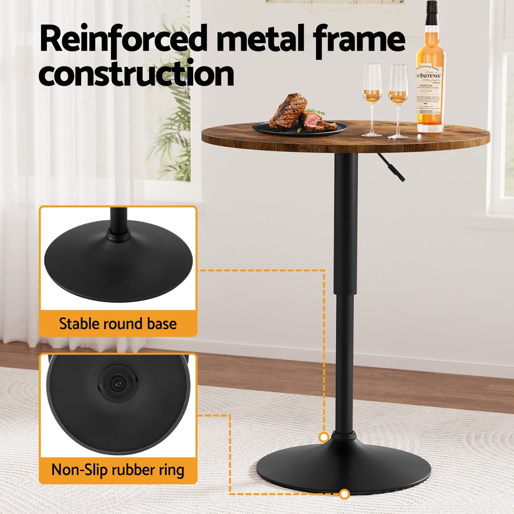 60cm Rustic Brown Black Bar Table Round Height Adjustable 360 Swivel Gas Lift