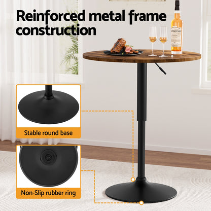 60cm Rustic Brown Black Bar Table Round Height Adjustable 360 Swivel Gas Lift