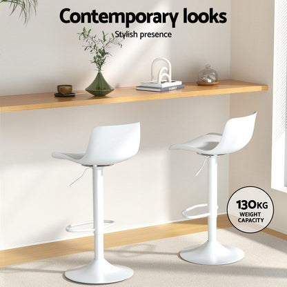 Set of 2 Swivel Bar Stools - White Leather Gas Lift