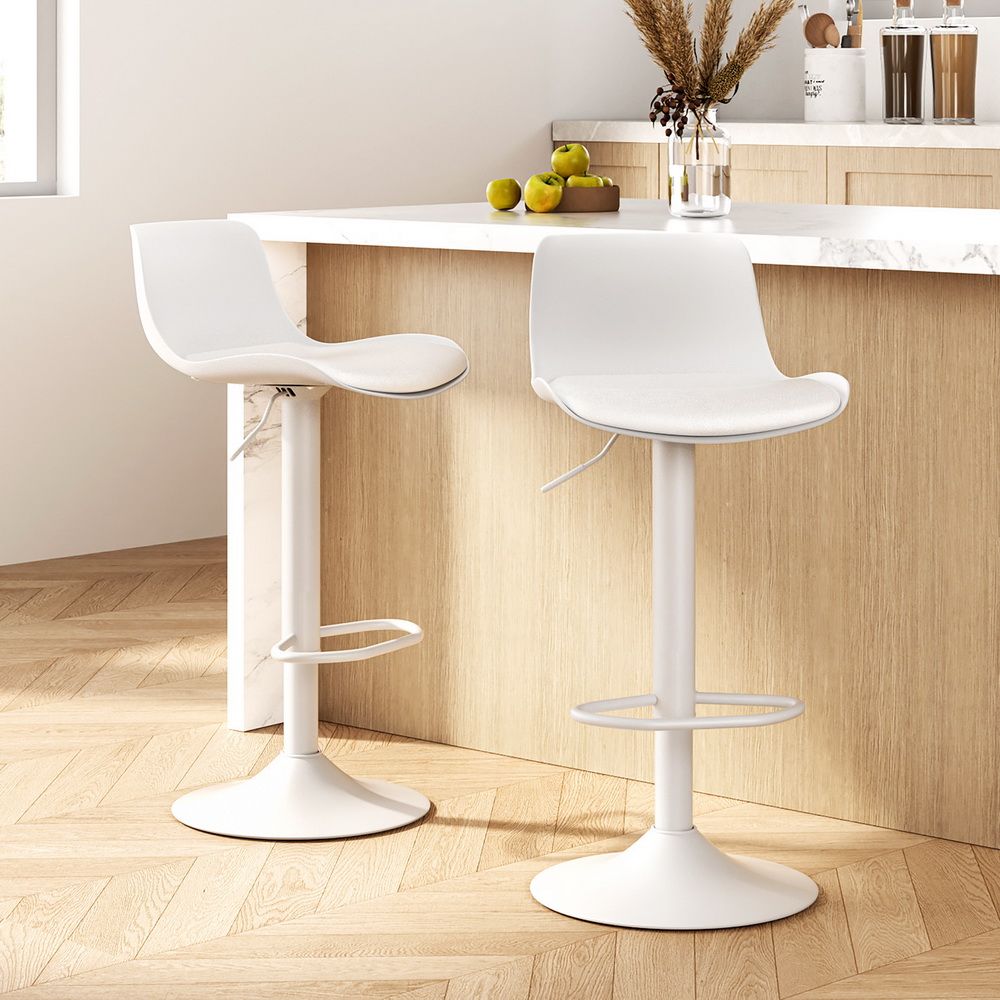 Set of 2 Swivel Bar Stools - White Leather Gas Lift