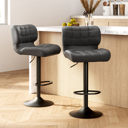 2X Bar Stools Gas Lift Leather Padded Grey