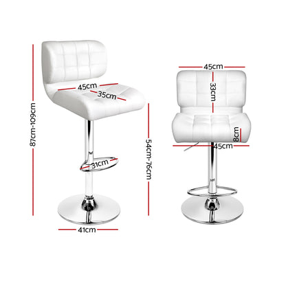 2X Bar Stools Gas Lift Leather Padded White