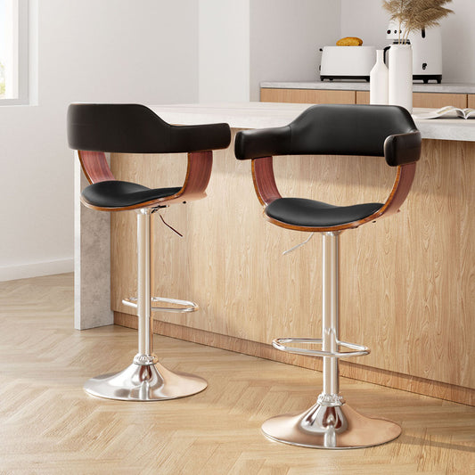 2X Bar Stools Gas Lift Leather W/Armrest Black