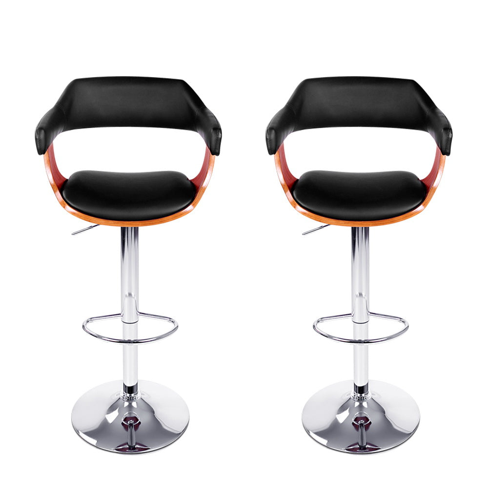 2X Bar Stools Gas Lift Leather W/Armrest Black