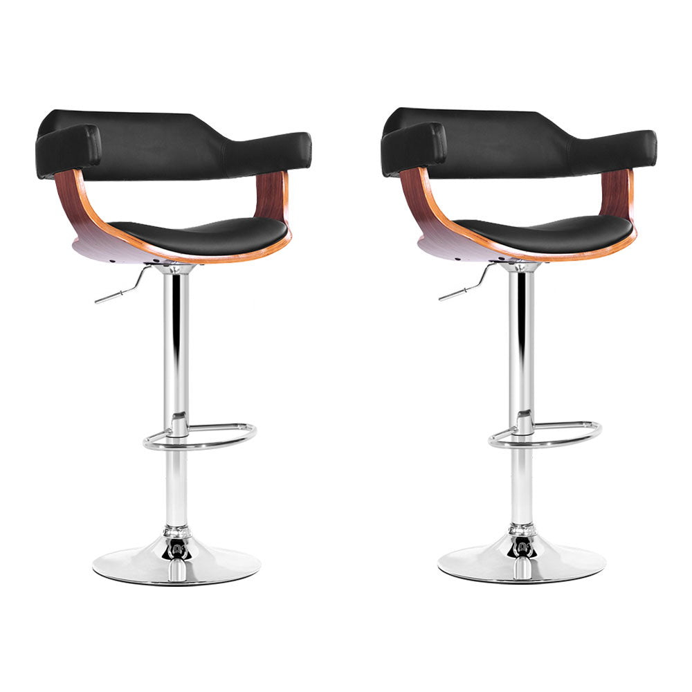 2X Bar Stools Gas Lift Leather W/Armrest Black