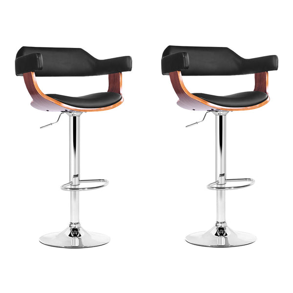  2X Bar Stools Gas Lift Leather W/Armrest Black