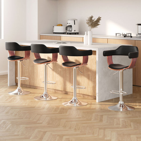  4x Bar Stools Gas Lift Leather w/Armrest Black
