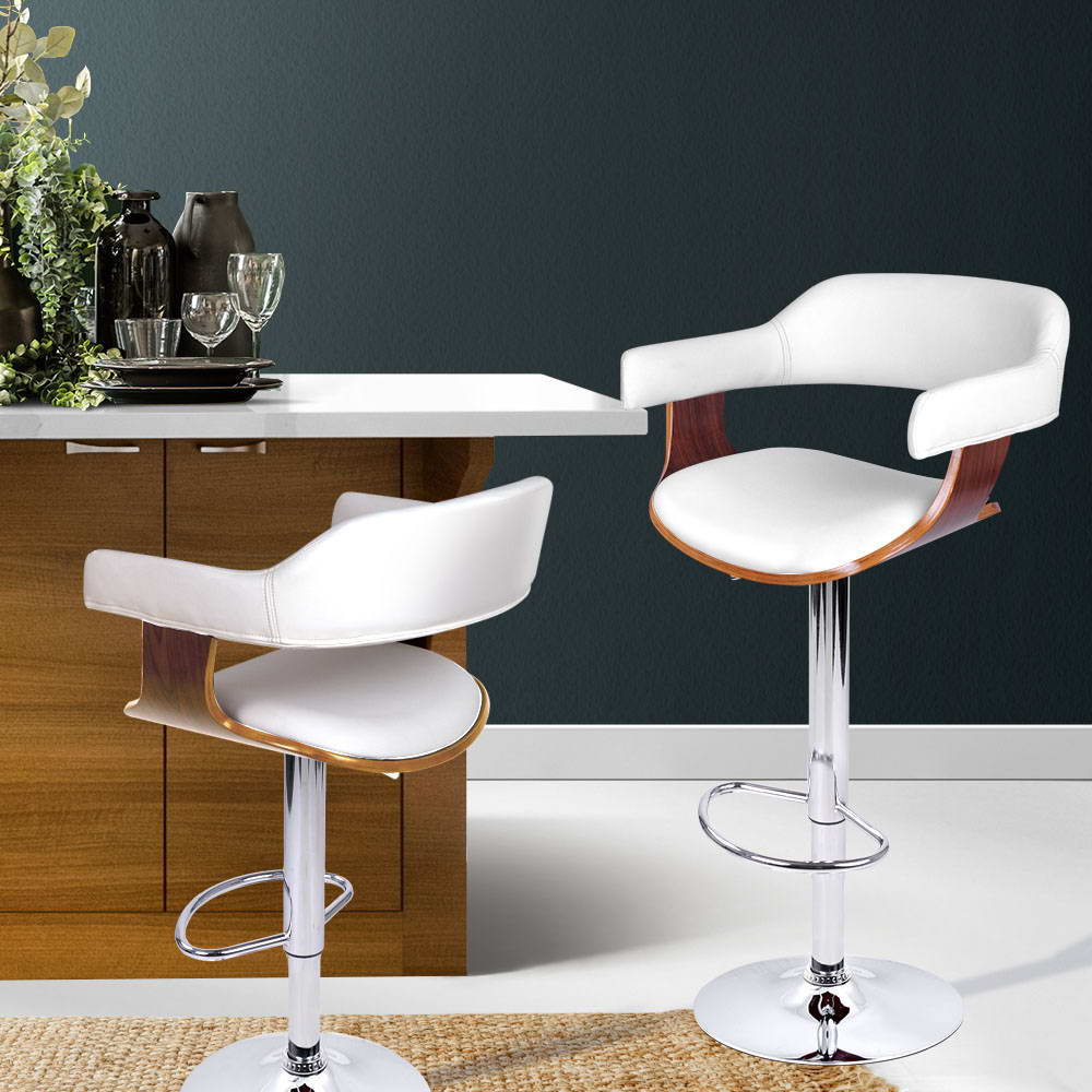 Bar Stools Gas Lift Leather W/Armrest White