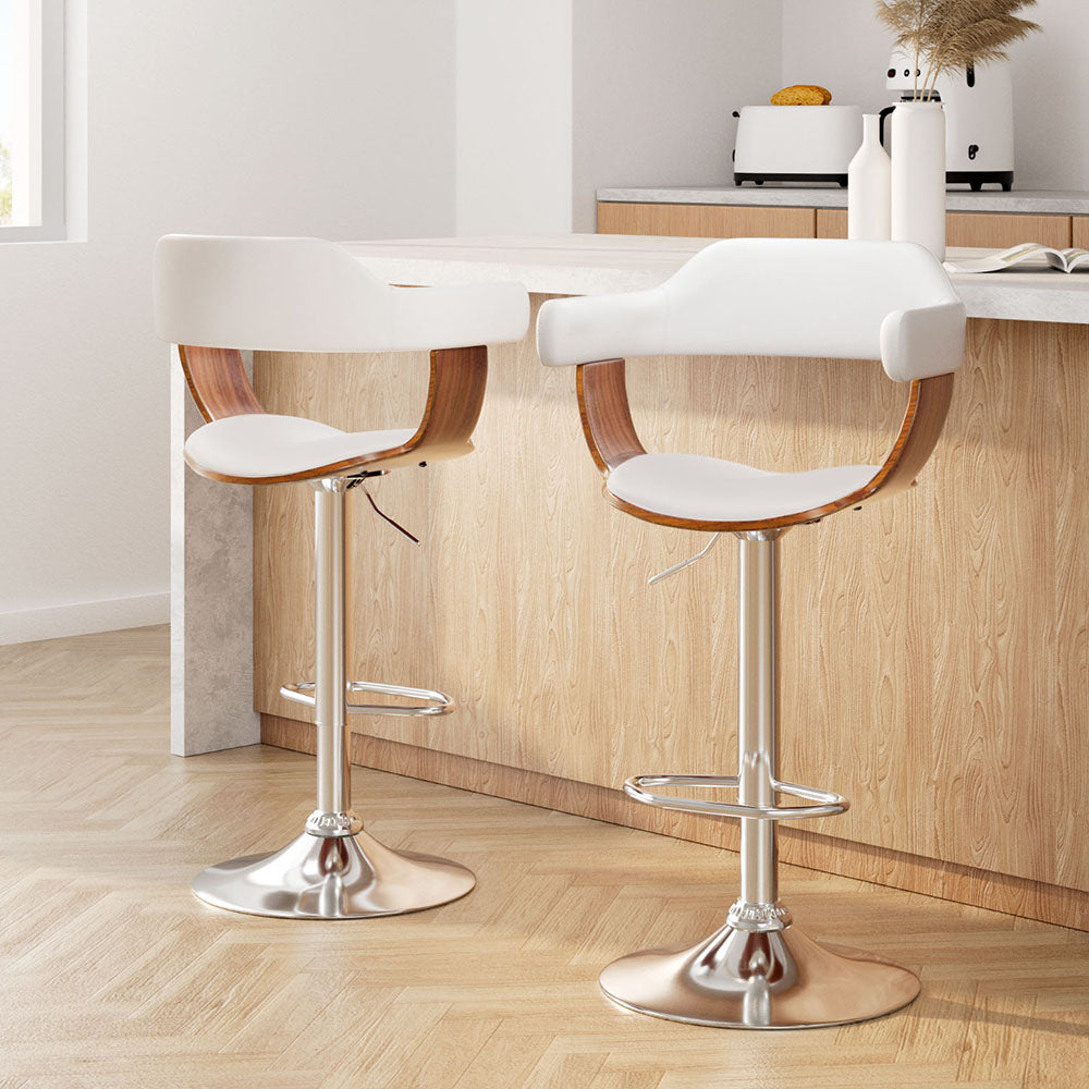2X Bar Stools Gas Lift Leather W/Armrest White