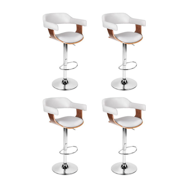  4x Bar Stools Gas Lift Leather with Armrest White