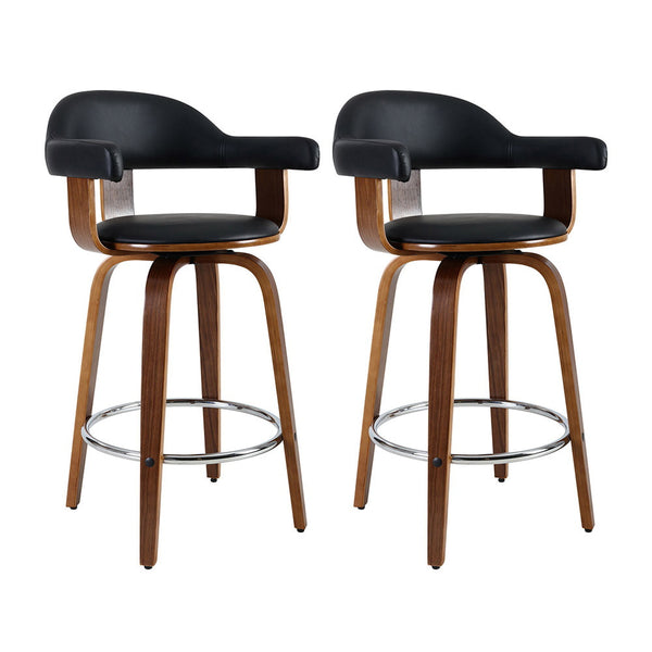  2X Bar Stools Leather Seat Wooden Legs