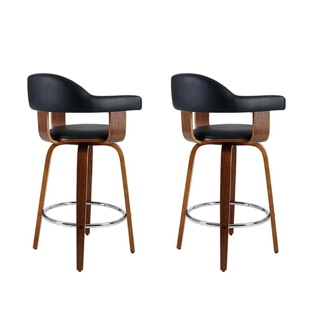 2X Bar Stools Leather Seat Wooden Legs