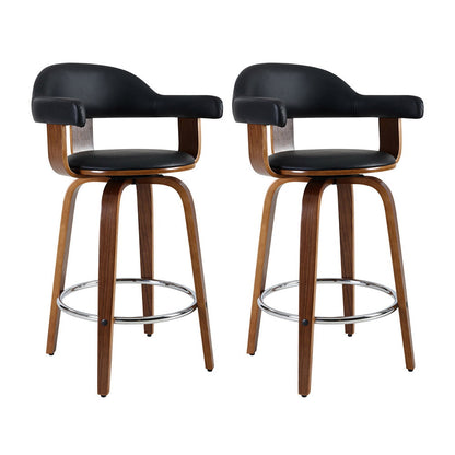 2X Bar Stools Leather Seat Wooden Legs
