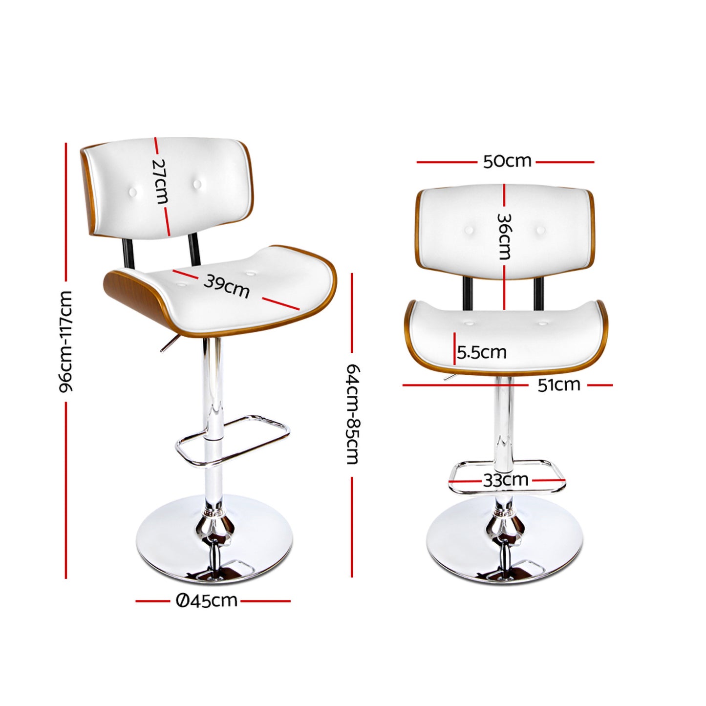 2X Bar Stools Gas Lift Leather White