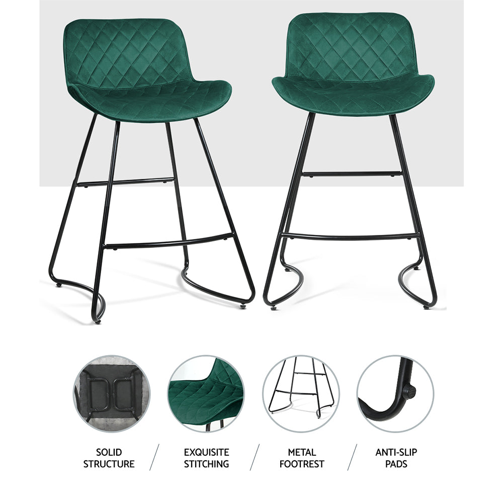 Set Of 2 Bar Stools Kitchen Stool Chairs Chair Velvet Barstool Barstools Green