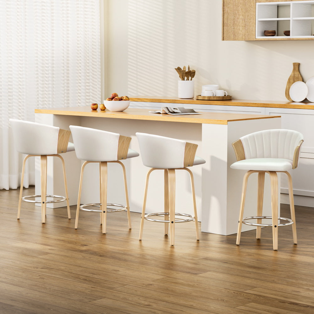 4x Bar Stools Swivel Leather Chairs Wooden