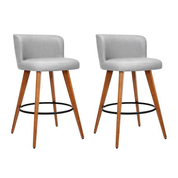  2X Bar Stools Linen Padded Wooden Grey