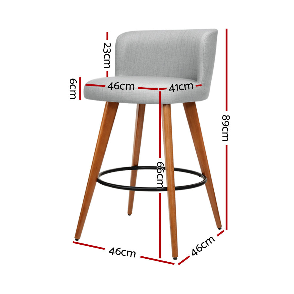 2X Bar Stools Linen Padded Wooden Grey
