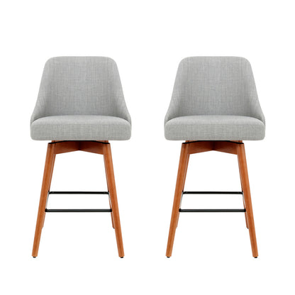 2X Bar Stools Linen Padded Wooden Grey