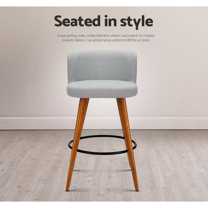 2X Bar Stools Linen Padded Wooden Grey