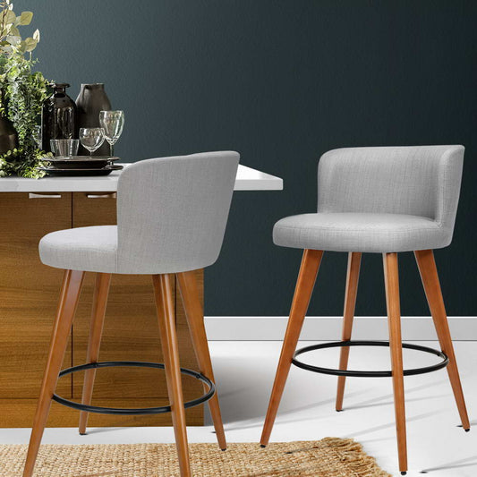 2X Bar Stools Linen Padded Wooden Grey