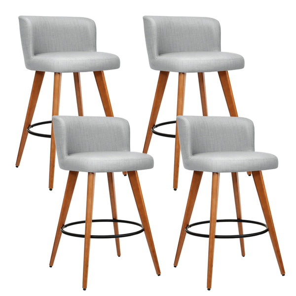  4X Bar Stools Linen Padded Wooden Grey