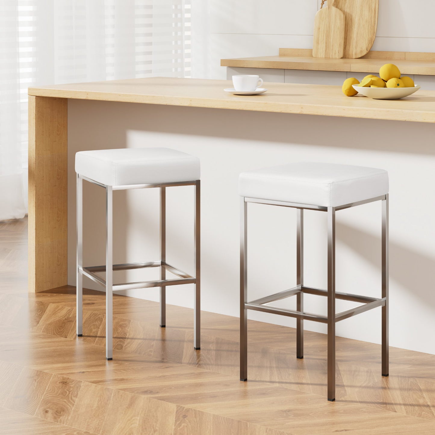 2X Bar Stools Leather Padded Metal White