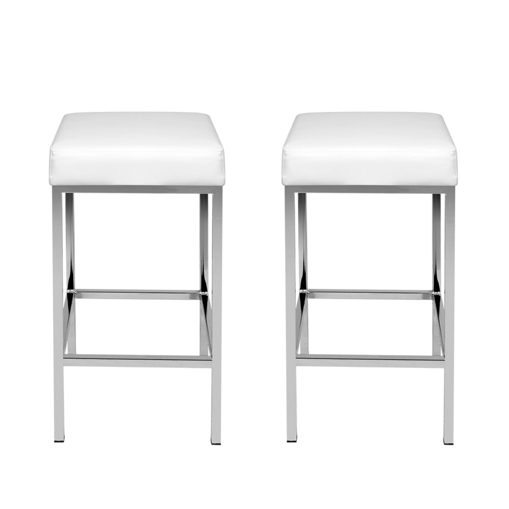 2X Bar Stools Leather Padded Metal White