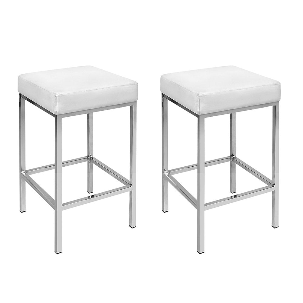 2X Bar Stools Leather Padded Metal White
