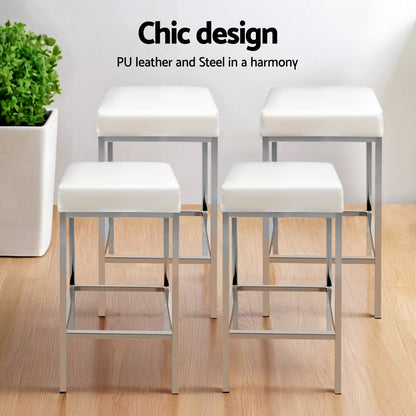 4x Bar Stools Leather Padded Metal White Stylish