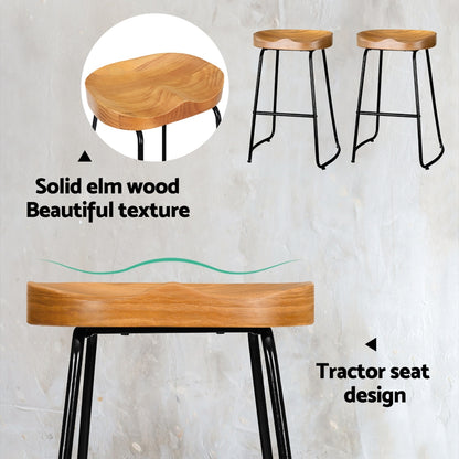 2X Bar Stools Tractor Seat 65Cm Wooden