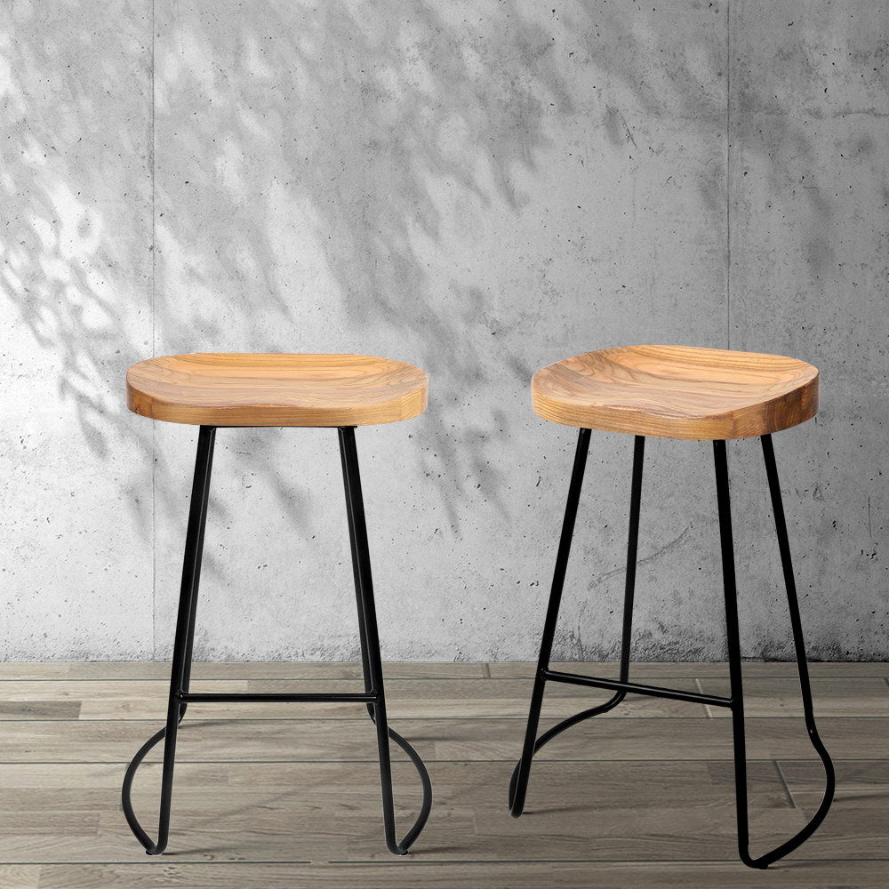 2X Bar Stools Tractor Seat 65Cm Wooden