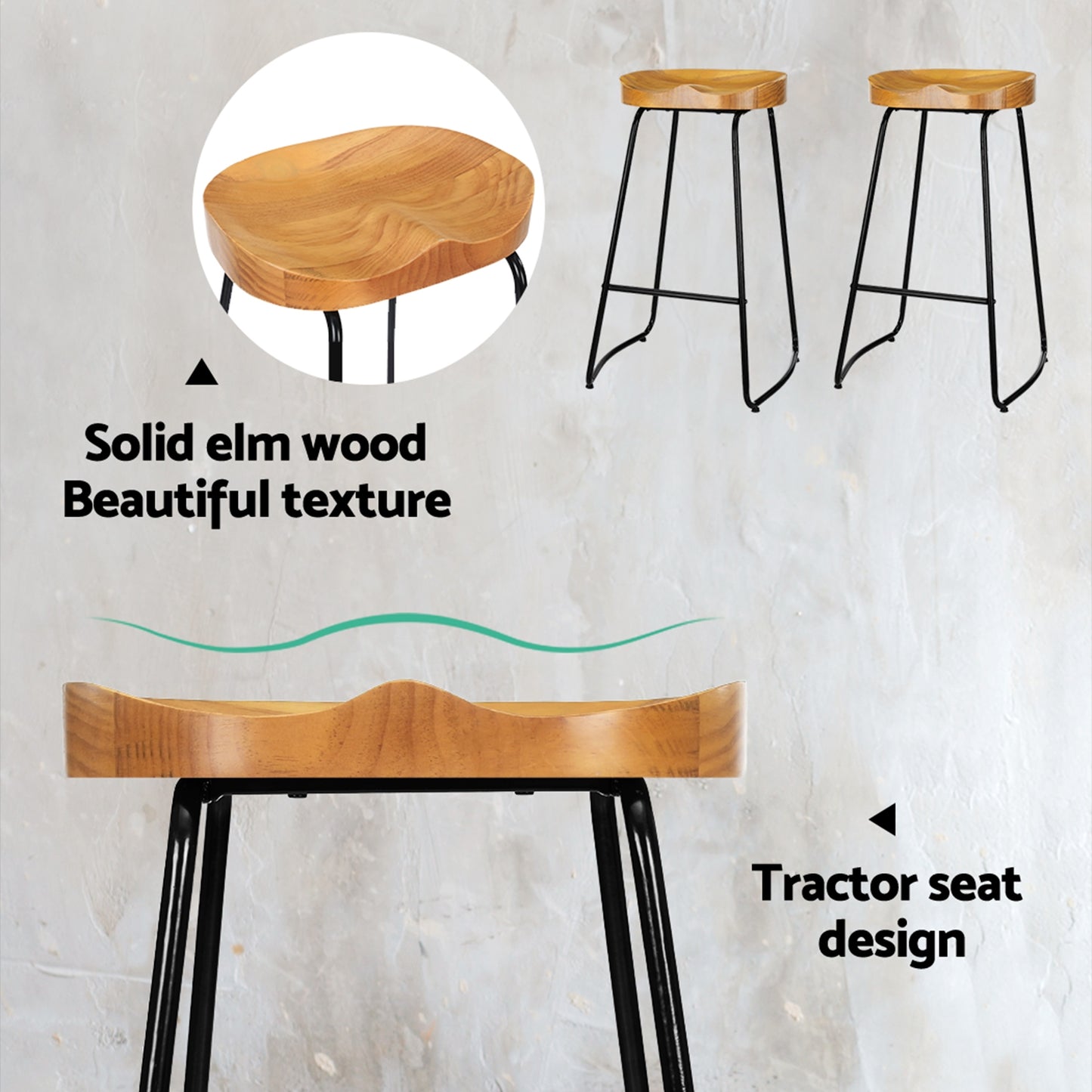 2X Bar Stools Tractor Seat 75Cm Wooden