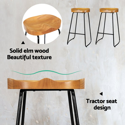2X Bar Stools Tractor Seat 75Cm Wooden