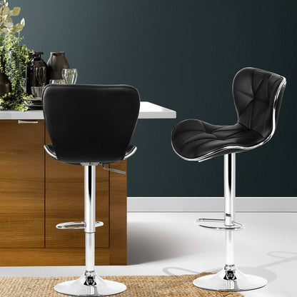 2X Bar Stools Gas Lift Leather Seat Black