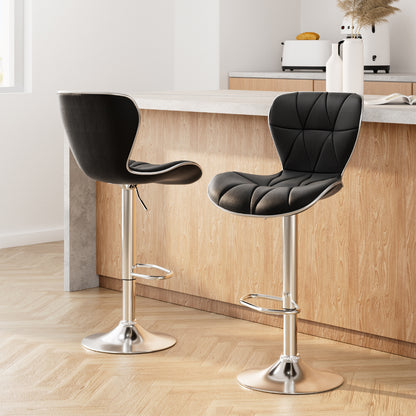 2X Bar Stools Gas Lift Leather Seat Black