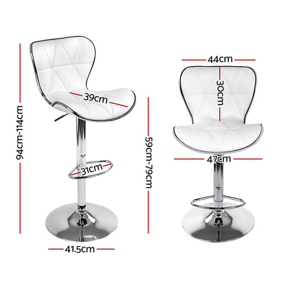 2X Bar Stools Gas Lift Leather Seat White
