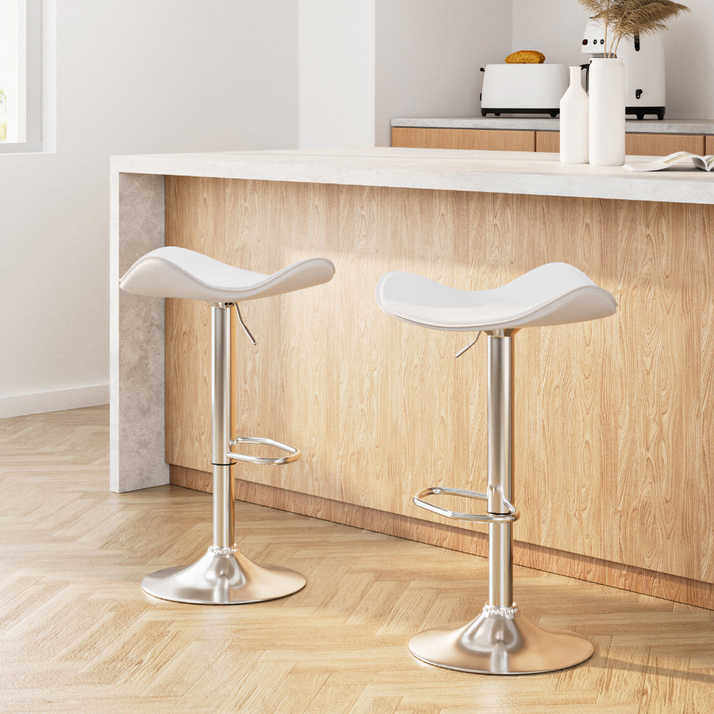 2X Bar Stools Leather Gas Lift Chair White