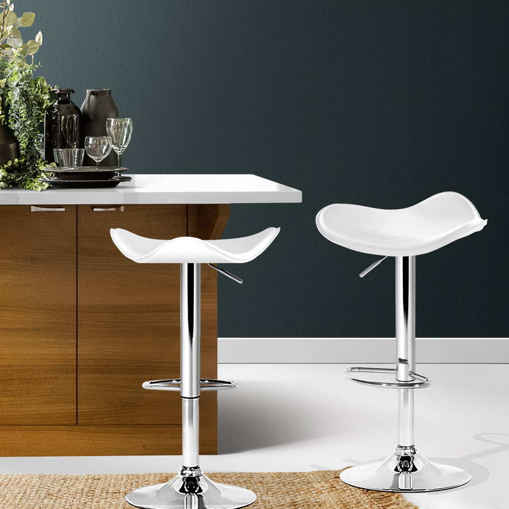 2X Bar Stools Leather Gas Lift Chair White