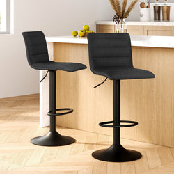 2X Bar Stools Gas Lift Linen Fabric Black