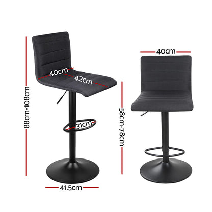2X Bar Stools Gas Lift Linen Fabric Black