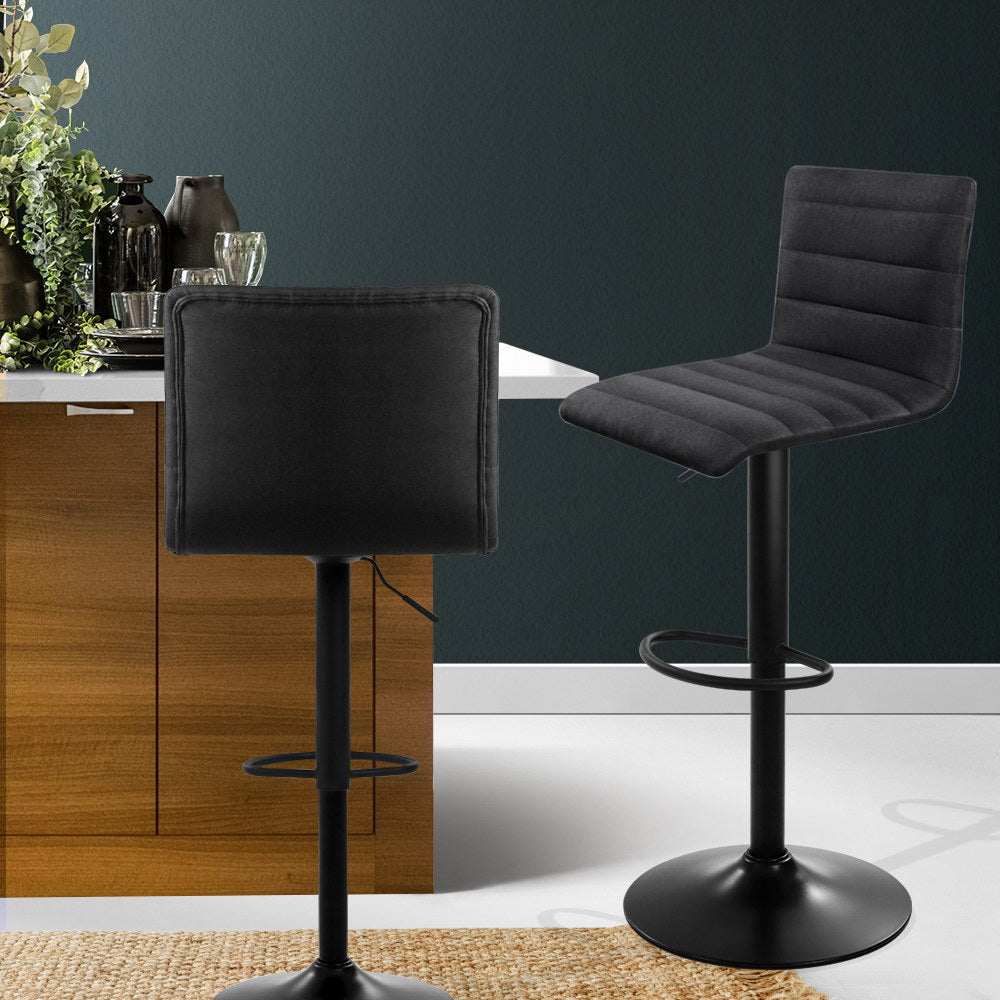 2X Bar Stools Gas Lift Linen Fabric Black