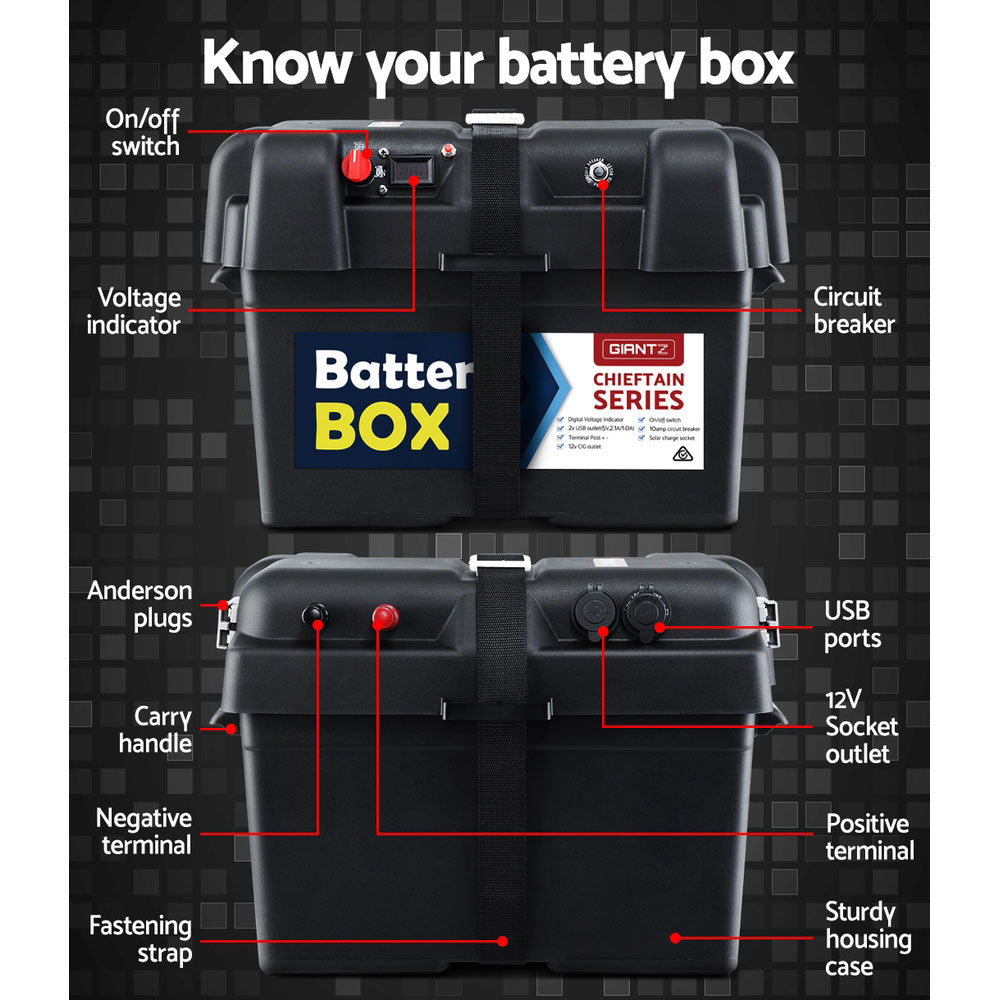 Battery Box 12V Camping Portable Deep Cycle AGM Universal Large USB Cig