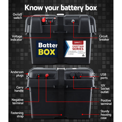 Battery Box 12V Camping Portable Deep Cycle AGM Universal Large USB Cig