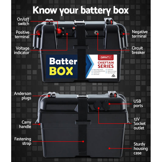 Battery Box 12V Camping Portable Deep Cycle AGM Universal Large USB Cig