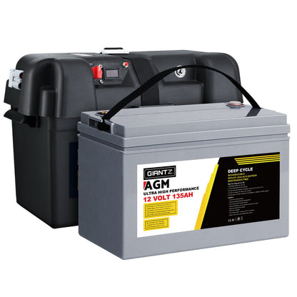 135Ah Deep Cycle Battery & Battery Box 12V AGM Marine Sealed Power Solar Caravan 4WD Camping