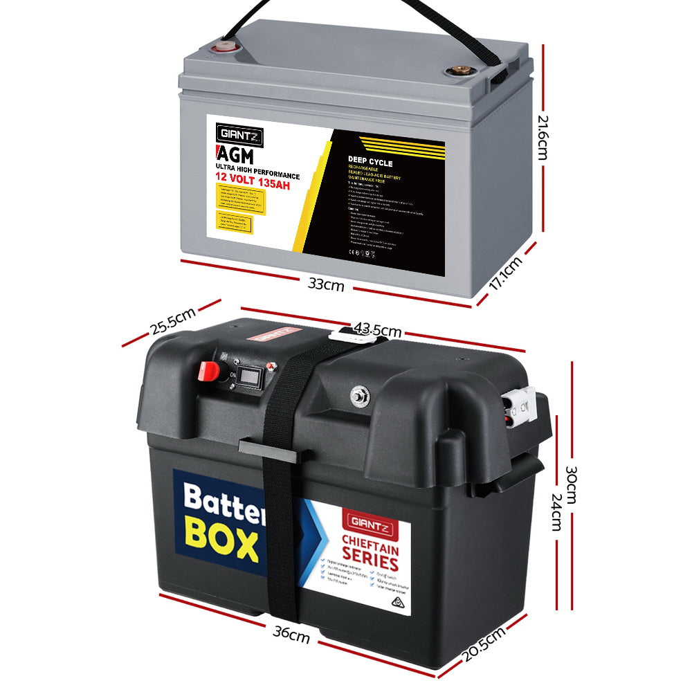 135Ah Deep Cycle Battery & Battery Box 12V AGM Marine Sealed Power Solar Caravan 4WD Camping